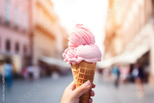 Hand holding pink ice cream in cone with blurry sunny city in background