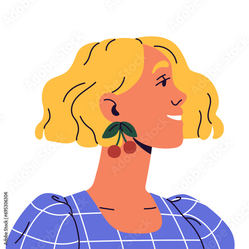 Blond girl avatar with bob haircut side view. Happy young woman portrait with pretty earrings, bijou. Female face, user profile with positive emotion. Flat isolated vector illustration on white