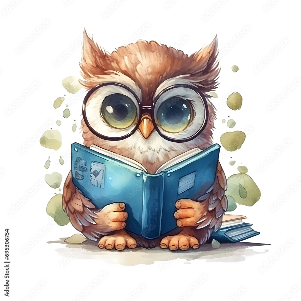 Cute cartoon watercolor owl with glasses and a book on a transparent background