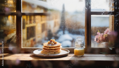 Copy Space image through windows of Belgian waffles with berries and powdered sugar in a white plate on a dark wooden