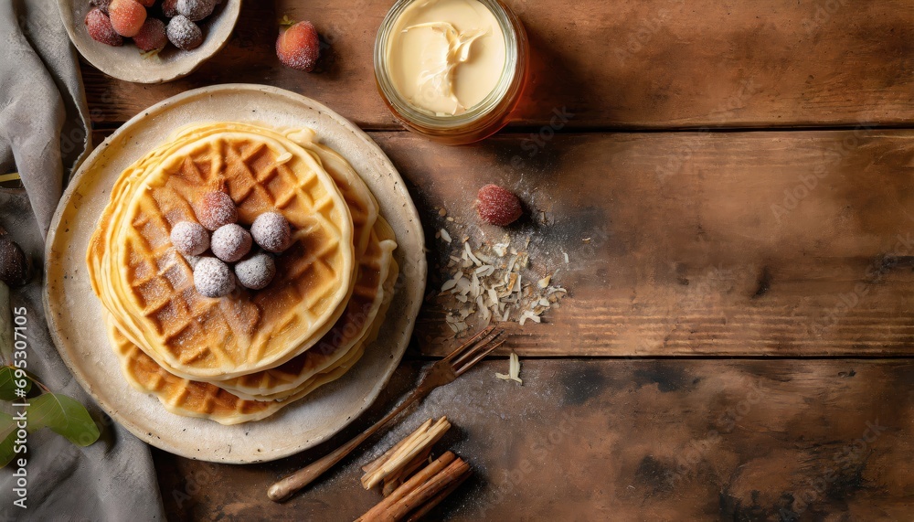 Copy Space image of Freshly made belgian waffles with honey flows and powdered sugar. Copy Space image of Freshly made belgian waffles with honey flows and powdered sugar.
