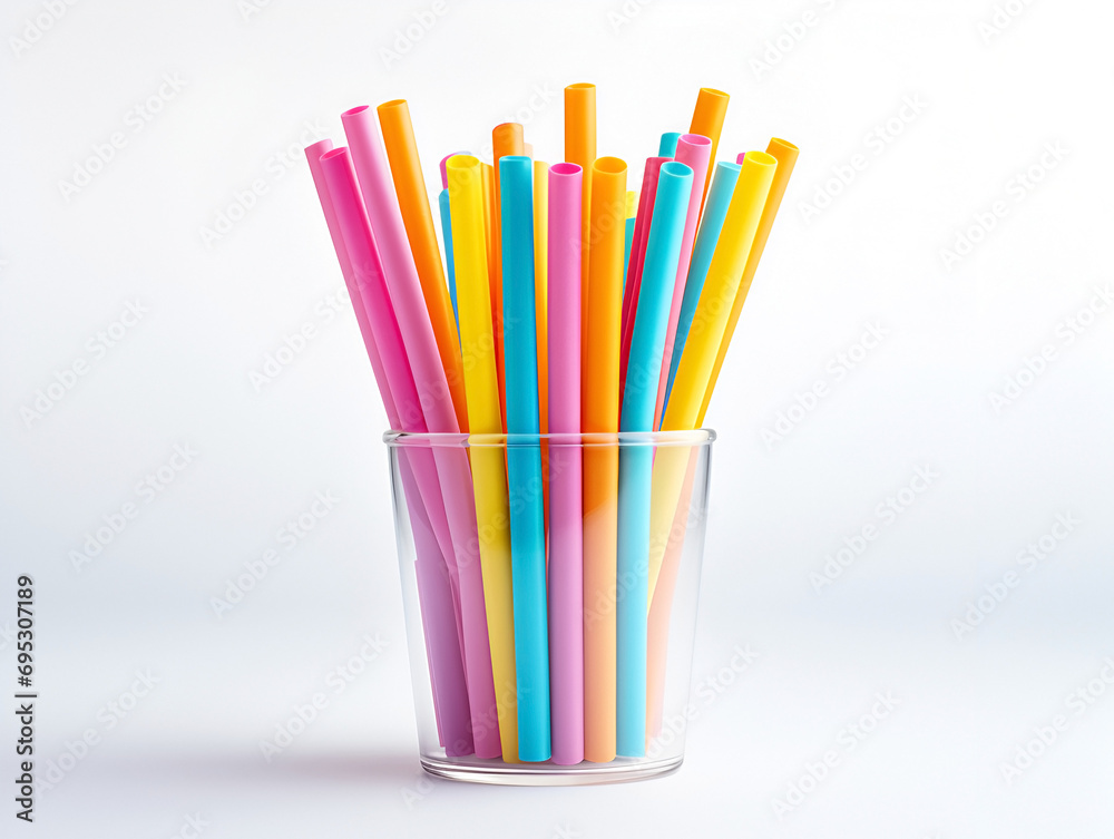 Fototapeta premium color straws in plastic cup on white background