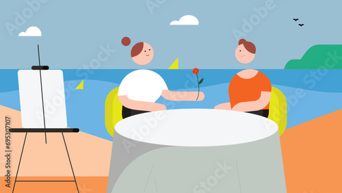 Couple on romantic date on deck of cruise ship. man and woman having meal in café or restaurant on boat or shore flat