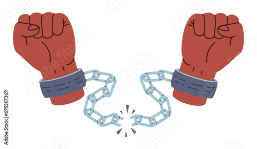 Hands in shackles breaking chains, vector illustration isolated on white