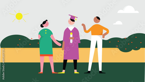 Sightseeing visit by group of tourists and lady guide with flag. happy people looking around city, man holding map showing landmarks flat vector illustration. tourism, museum tour, travel concept