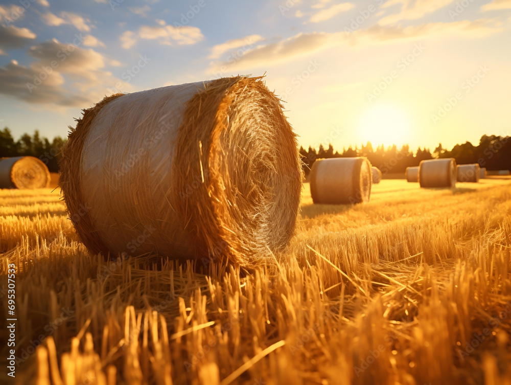 Shot of hay bales with sun descending behind - obrazy, fototapety, plakaty 