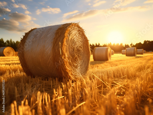 Shot of hay bales with sun descending behind photo