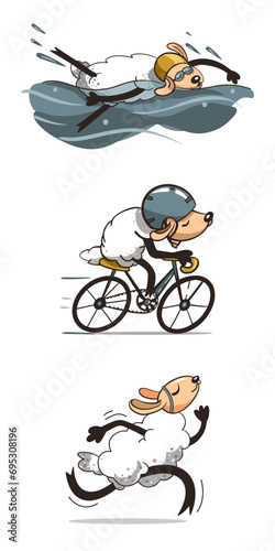 the vector  funny cartoon illustration of the triathlon. Fynny Sheep animal character. T shirt , banner design