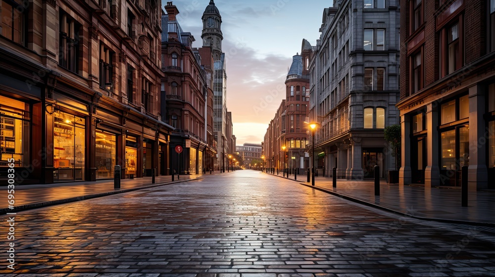Naklejka premium Empty street at sunset time in SoHo district