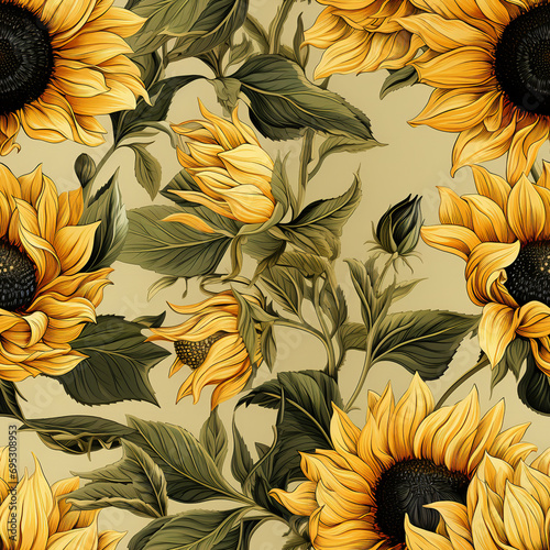 Wild Vintage sunflower blossom seamless patterns