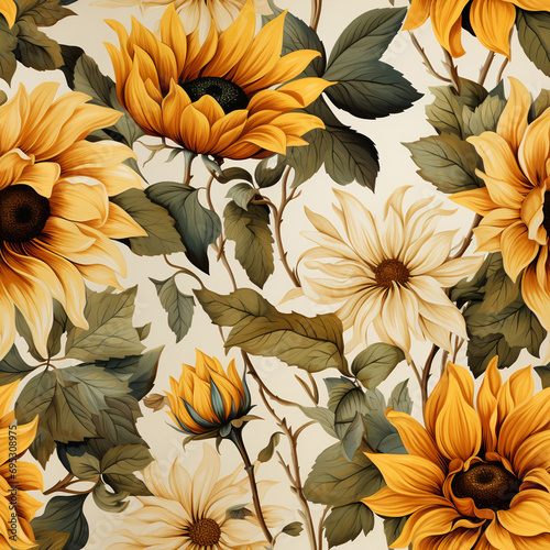 Wild Vintage sunflower blossom seamless patterns