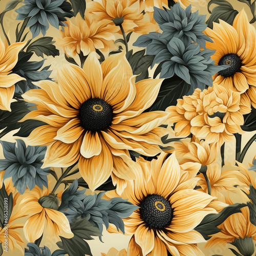 Wild Vintage sunflower blossom seamless patterns