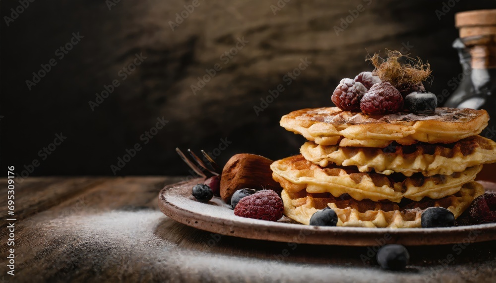 Copy Space image of Belgian waffles with berries on slate plate on dark wooden background. Copy Space image of Belgian waffles with berries on slate plate on dark wooden background.