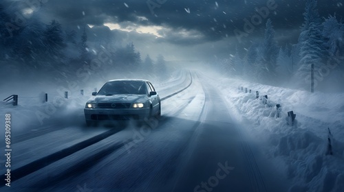 A car cautiously driving through a winter storm with icy roads, blizzard conditions, and extreme cold.