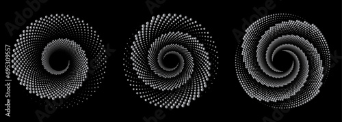 A vector illustration features a geometric spiral composed of colorful silver dots against a black background. This stylish design is well-suited for framing, circular icons, signage, and symbols