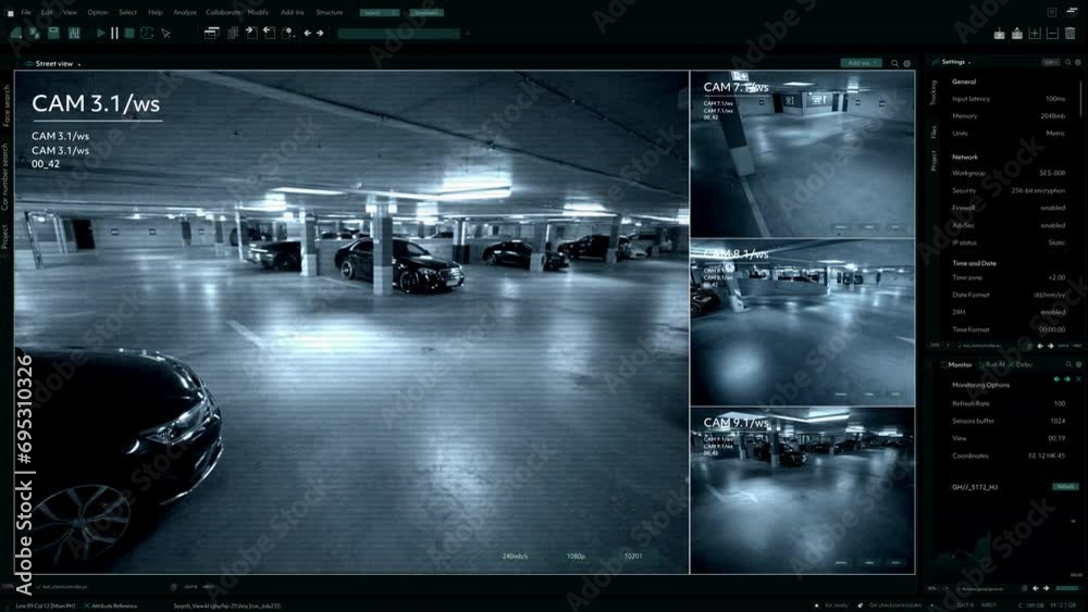 Surveillance Camera CCTV Video, Multiple Screens Show Secure Underground Garage. High-Tech Security and Data Protection Mock-up. Screen Replacement Template for Computer Displays