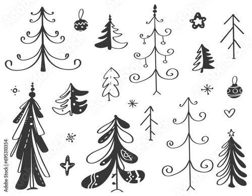 Vector set for Christmas and New Year -  dark grey simple New Year trees on a white background. Cartoon, doodles.