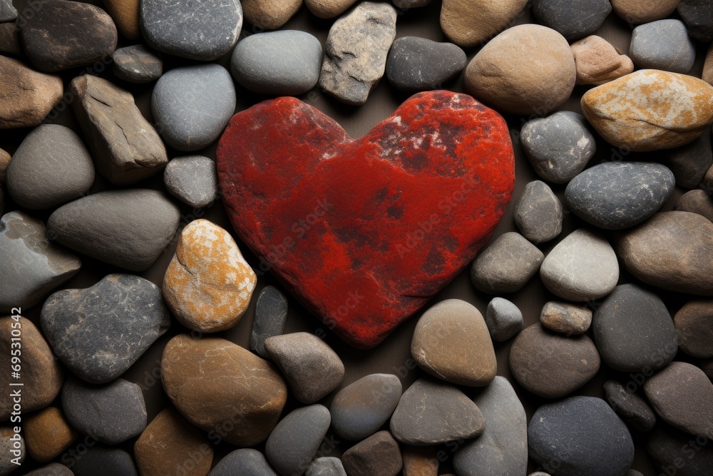 Red Heart Contrast Against Black Pebbles, Valentine's Theme. Red Heart Contrast Against Black Pebbles, Valentine's Theme.