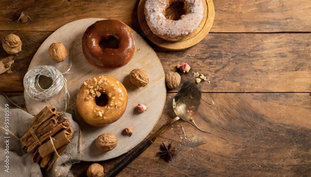 Copy Space image of Variety of donuts over a rustic background shot from overhead