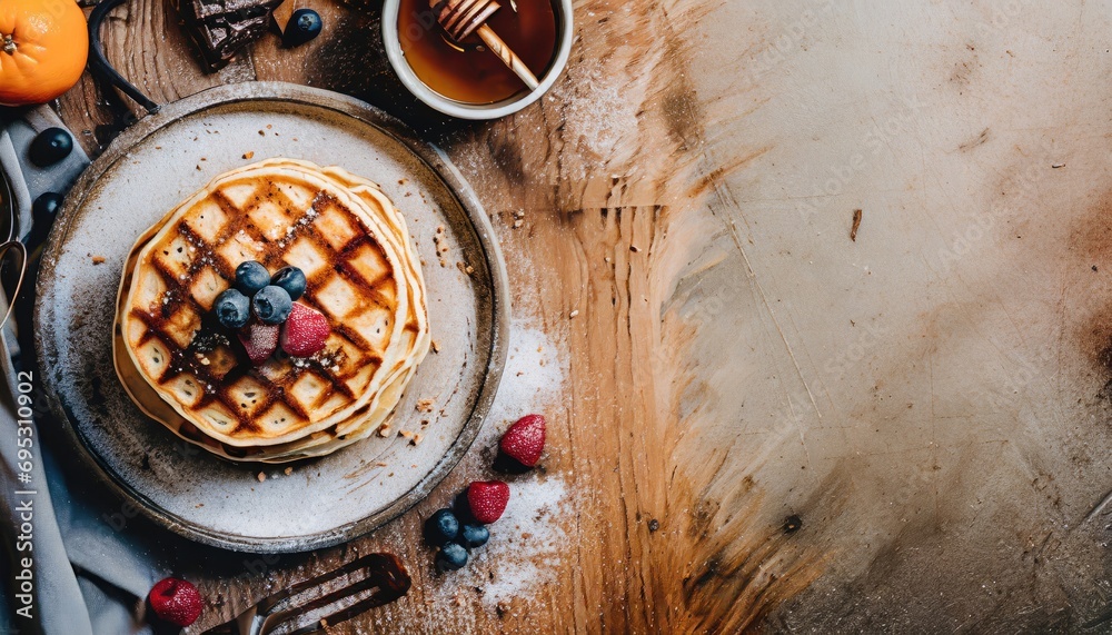 Copy Space image of Freshly made belgian waffles with honey flows and powdered sugar. Copy Space image of Freshly made belgian waffles with honey flows and powdered sugar.