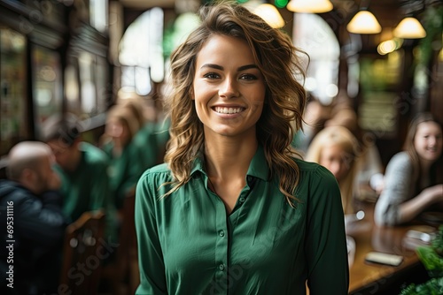 Beautiful young woman Brunette with long hair, a green shirt in a pub or in a cafe with friends. Smiles looking at the camera