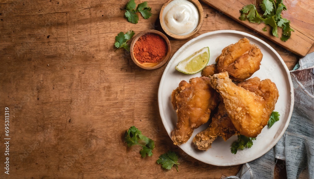 Copy Space image of crunchy Baked Chicken Tenders on a plate with tomato sauce, flat lay Copy Space image of crunchy Baked Chicken Tenders on a plate with tomato sauce, flat lay