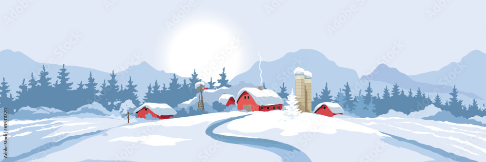 Abstract winter rural landscape with farm house. Vector illustration, wheat fields and meadows. Christmas time.	 - obrazy, fototapety, plakaty 