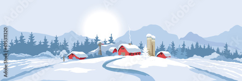 Abstract winter rural landscape with farm house. Vector illustration, wheat fields and meadows. Christmas time. 