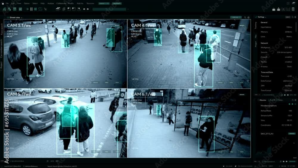 CCTV AI Facial Recognition Camera Authentificating People on Street. Security Camera Surveillance Footage Identity Scanning Crowds of People Walking Safely on Big City Streets. Big Data AI Analysis