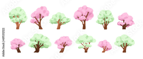 Cherry blossom trees with pink sakura blooms, flowers and green leaf. Spring Japanese floral plants. Japan sacura set, gorgeous beautiful nature. Flat vector illustrations isolated on white background