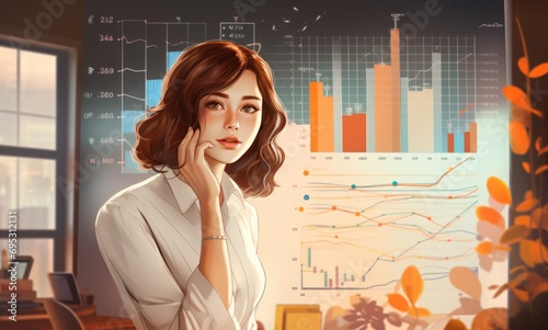 business woman in front of the chart, in the style of animated illustrations, villagecore, mary bradish titcomb, digital as manual photo