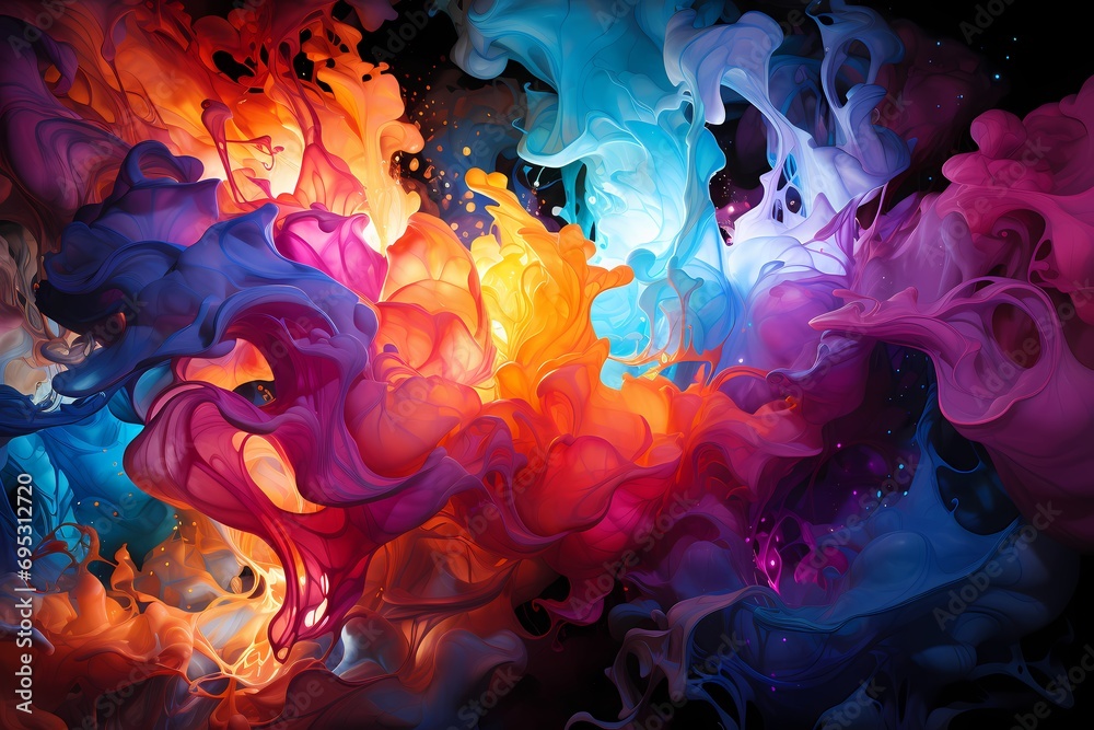 A vibrant burst of liquid colors radiating from a central point, spreading outwards like a cosmic event frozen in time