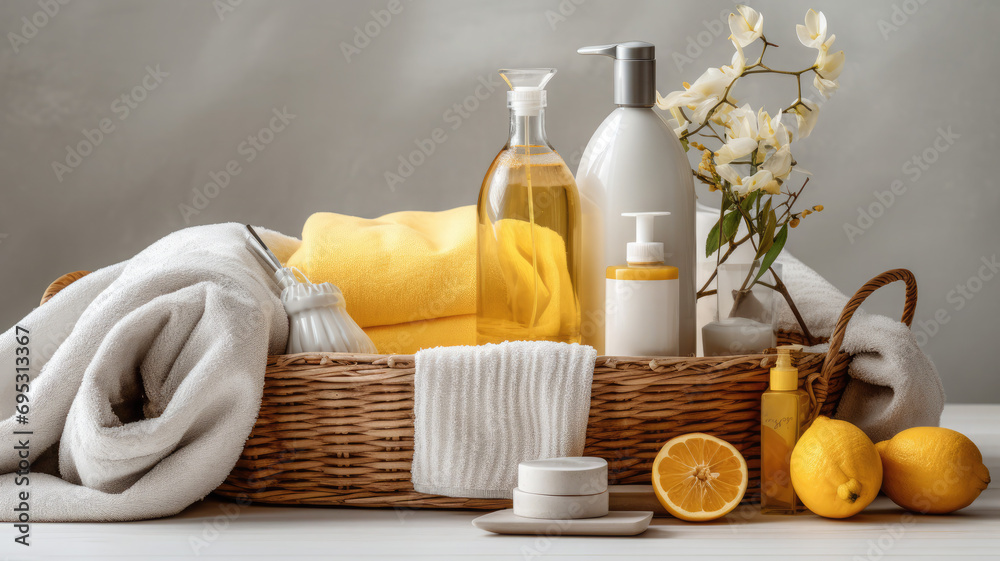 Neat Home Essentials: Basket of Towels and Cleaning Supplies Neat Home Essentials: Basket of Towels and Cleaning Supplies