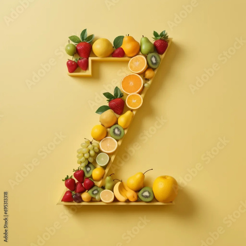 The fruits arranged in the shape of Z, pastel yellow background