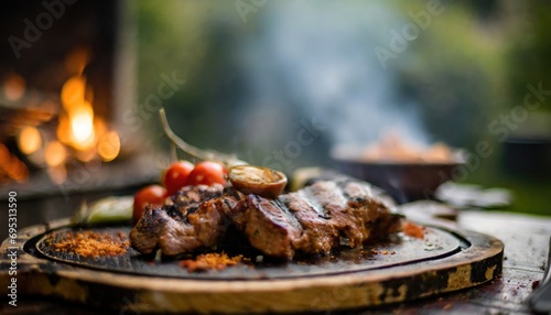 Copy Space image of Barbecue grilled and sliced wagyu Rib Eye beef meat steak on a plate with smoke on bokeh background. photo