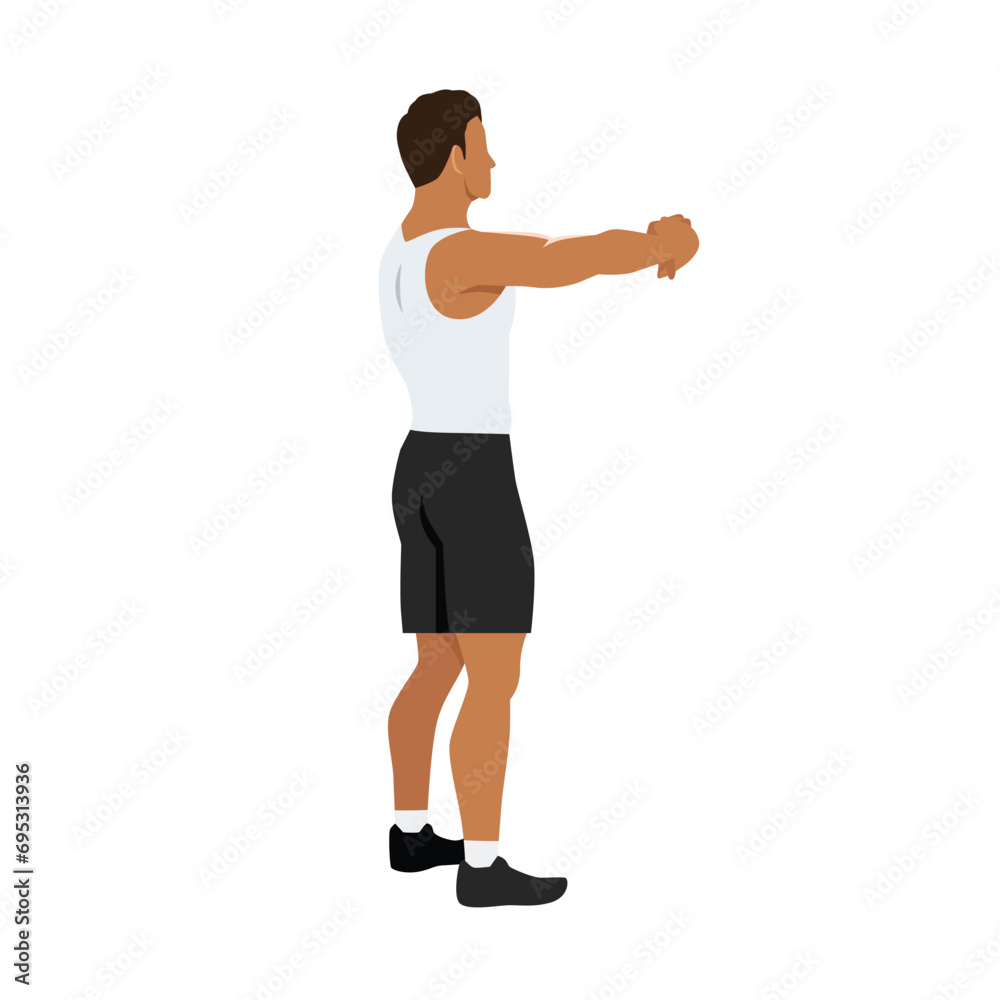 Man doing upper back stretch exercise. Flat vector illustration isolated on white background Man doing upper back stretch exercise. Flat vector illustration isolated on white background