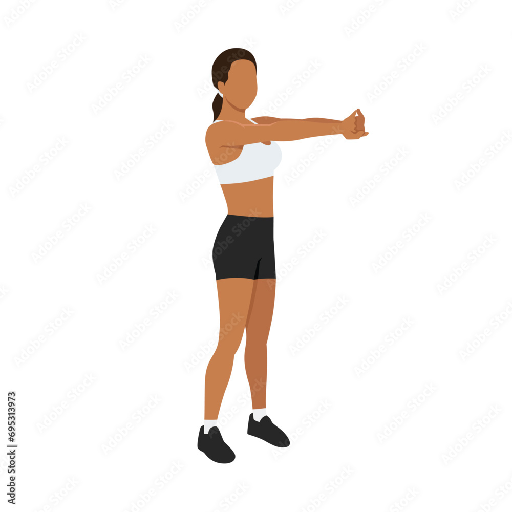 Woman doing upper back stretch exercise. Flat vector illustration isolated on white background Woman doing upper back stretch exercise. Flat vector illustration isolated on white background