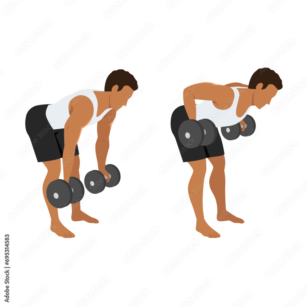 Man doing Dumbbell bent over reverse grip row exercise. Flat vector ...