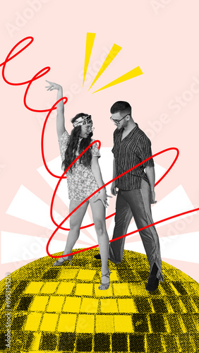 Stylish young couple  man and woman dancing on giant disco ball over light background. Contemporary art collage. Concept of retro style  party  creativity  inspiration  fun and joy. Poster