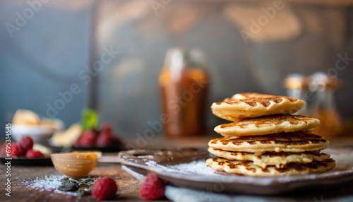 Copy Space image of Delicious viennese waffles with maple syrup drizzle and blackberry on dark brown wood background.
