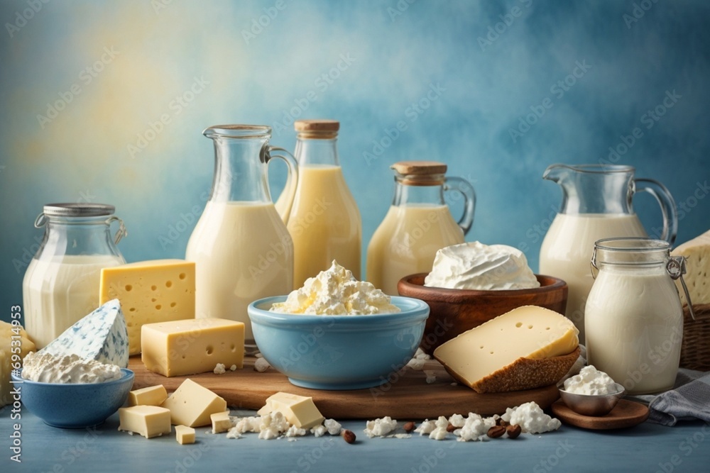 Dairy products on blue background. Milk, cheese, sour cream, cottage cheese Dairy products on blue background. Milk, cheese, sour cream, cottage cheese
