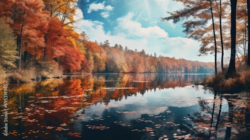 fall foliage autumn landscape with lake and trees