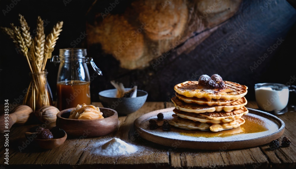 Copy Space image of Belgian waffles with strawberries, blueberries and syrup on wooden table. Copy Space image of Belgian waffles with strawberries, blueberries and syrup on wooden table.
