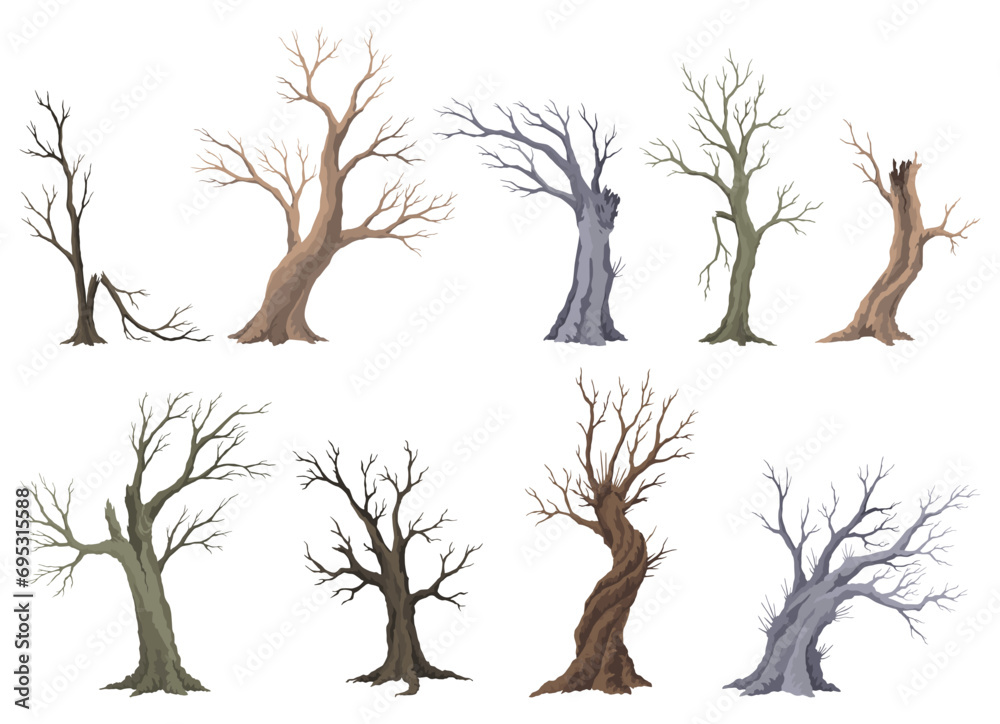 Old dead tree set, rough spooky bark, dry naked branch silhouette. Vector scary forest, leafless trunk. Nature ecology problems concept. Winter or autumn season plants icon isolated - obrazy, fototapety, plakaty 