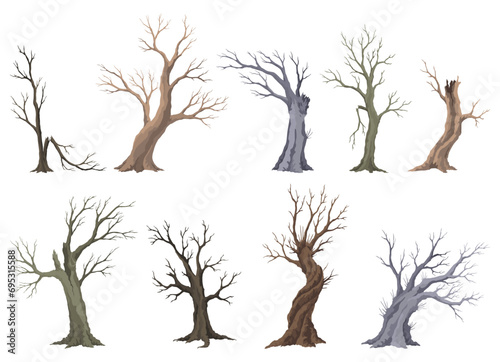 Old dead tree set, rough spooky bark, dry naked branch silhouette. Vector scary forest, leafless trunk. Nature ecology problems concept. Winter or autumn season plants icon isolated photo