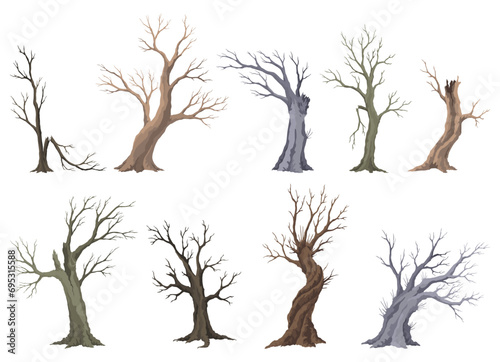 Old dead tree set, rough spooky bark, dry naked branch silhouette. Vector scary forest, leafless trunk. Nature ecology problems concept. Winter or autumn season plants icon isolated