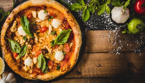 Copy Space image of Pizza Margherita on wooden background, Pizza Margarita with Tomatoes,