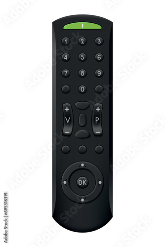 Tv remote control design with buttons. Wireless power media device to switch channel programmes remotely. Universal controller of technology equipment, isolated vector illustration