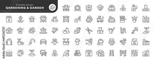 Set of line icons in linear style. Series - Gardening and garden. Growing plants and gardening tools. Outline icon collection. Conceptual pictogram and infographic. Editable stroke.