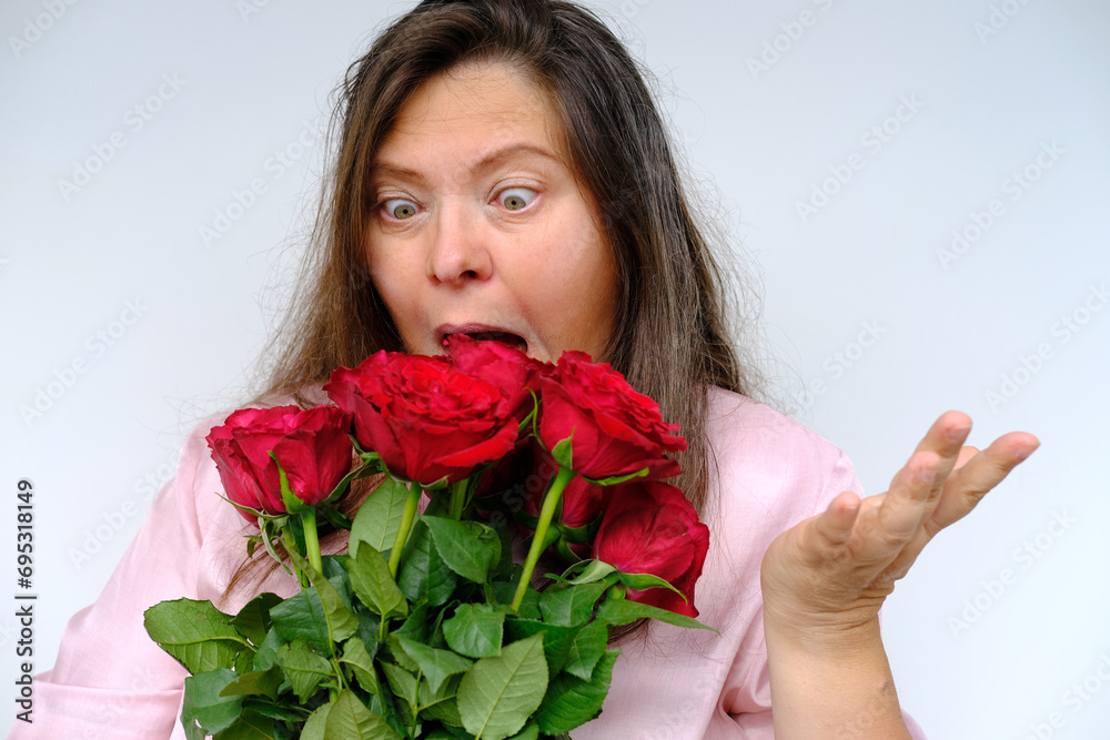bouquet of flowers, red roses, middle-aged woman 50 years old with bulging eyes from bewilderment and surprise, dissatisfaction with gift, flower pollen allergy, close-up emotional female portrait bouquet of flowers, red roses, middle-aged woman 50 years old with bulging eyes from bewilderment and surprise, dissatisfaction with gift, flower pollen allergy, close-up emotional female portrait